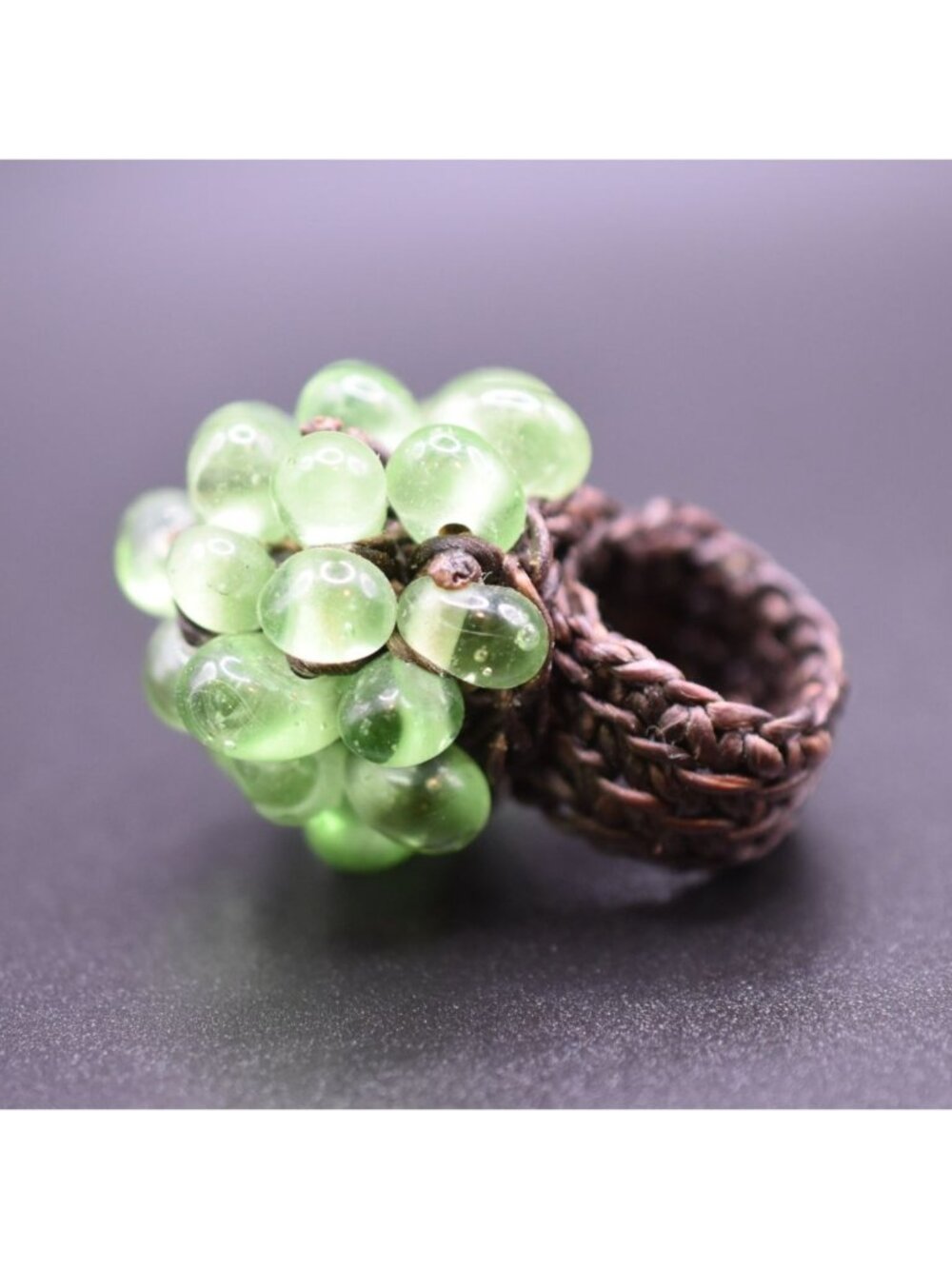 Handcrafted Vintage Crochet‎ Ring With Green Glass Beads Adjustable Size